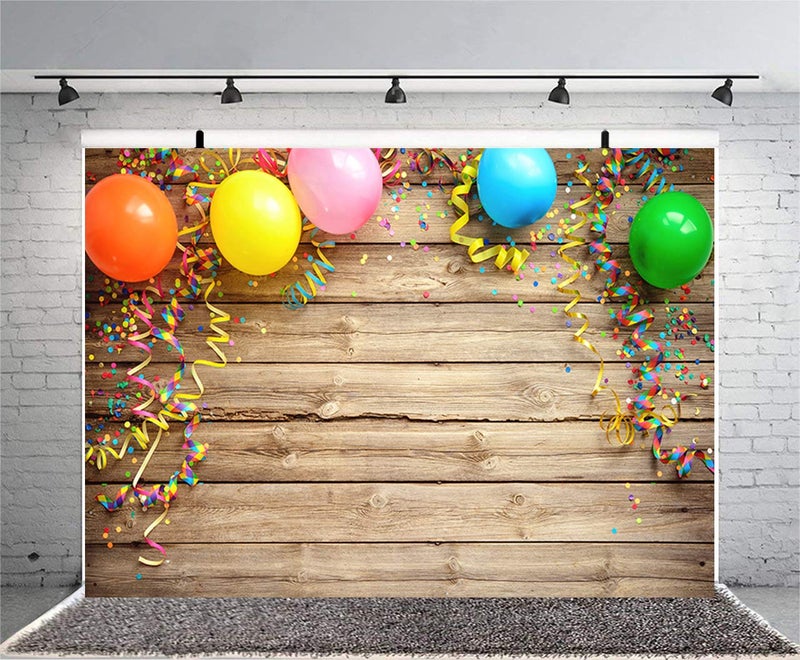 Sensfun 7x5ft Wood Photography Backdrop Colorful Carnival Balloons Streamers on Rustic Wooden Board Photo Background for Happy Birthday Party Cake Table Photobooth Banner Photo Studio Props(WP045) - Image 2